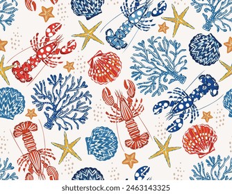 Patrón de vida marina sin costuras Langostas de Vector Corales Algas marinas Conchas de coral, estrellas de mar Diseño de Ilustración vectorial de patrones sin costuras para la moda, tela, textil, Fondo de pantalla, envoltura y todos los estampados 
