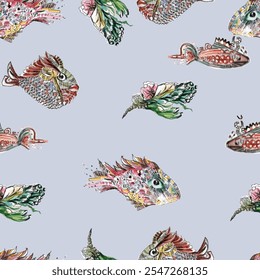 Seamless Marine Life Pattern Vector Lobsters Corals Seaweed Coral Shells, star fish Seamless pattern Vector Illustration Design for fashion , fabric, textile,