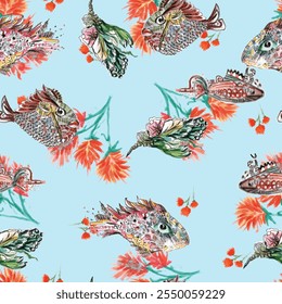 Seamless Marine Life Pattern Vector Lobsters Corals Seaweed Coral Shells, star fish Seamless pattern Vector Illustration Design for fashion , fabric, textile,