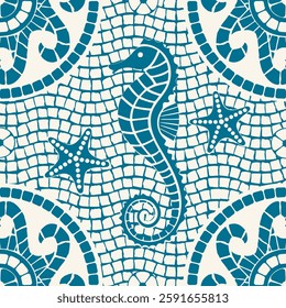 Seamless marine mosaic pattern featuring a stylized seahorse, starfish, and oceanic elements in vector format. For textile design, cramic tiles, wallpaper, packaging, branding, and decorative projects