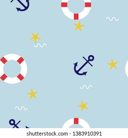 seamless marine ocean, summer time holiday vacation season with star fish, swim tube and anchor repeat pattern in blue background, flat vector illustration design
