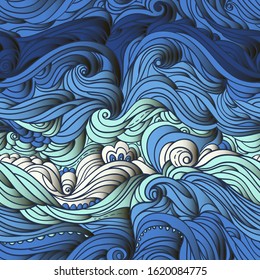 Seamless marine pattern. Abstract water background with curly hand-drawn lines. Blue waves and tides vector backdrop. Sea and ocean theme. Eps 10