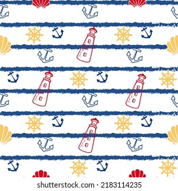 Seamless marine pattern. Anchor, helm, lighthouse on a white background. Morkoy style