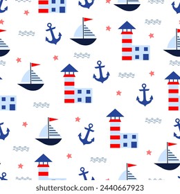 seamless marine pattern with anchor, lighthouse and ship