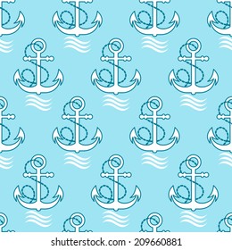 Seamless marine pattern with anchor and rope on blue background
