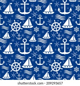 Seamless marine pattern with anchor, starfish, sailboat, rudder and wave icons