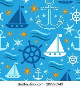 Seamless marine pattern with anchor, starfish, sailboat, rudder and wave icons