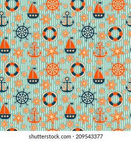 Seamless marine pattern with anchor, starfish, rudder, lifebuoy and sailboat icons on blue striped background