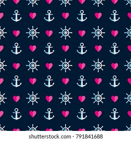 Seamless Marine pattern with anchor, steering wheel and pink heart. Cute Marine pattern for fabric, background, wrapping paper and other decoration.Vector illustration