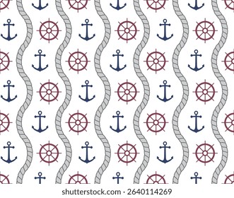 Seamless marine pattern with anchors, steering wheels and rope. Nautical symbols background.
