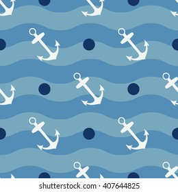 Seamless marine pattern of anchors and waves.