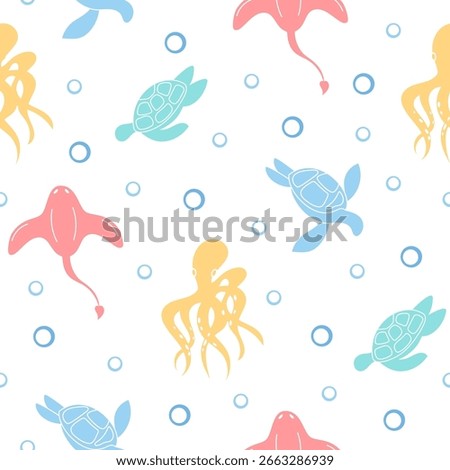 Seamless marine pattern with aquatic creatures in flat cartoon graphic style. Ocean life features turtles and octopuses swimming underwater. Playful sea background, ideal for summer themes or