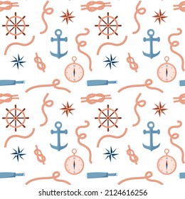 Seamless marine pattern of attributes. Ropes, compass and anchor. Vector illustration