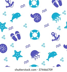 Seamless marine pattern with beach items, vector background