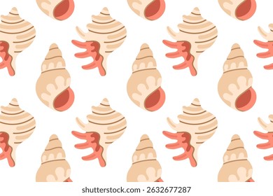 Seamless marine pattern with beige conch shells and red coral branches on a white background, ideal for beach and summer designs