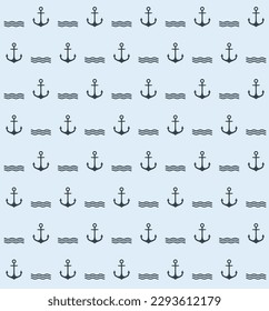 Seamless marine pattern. Black nautical anchor and wave. Light blue vector background