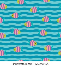 
seamless marine pattern with blue waves and fish in the ocean