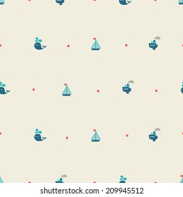 Seamless marine pattern "Boats, whales and dots"