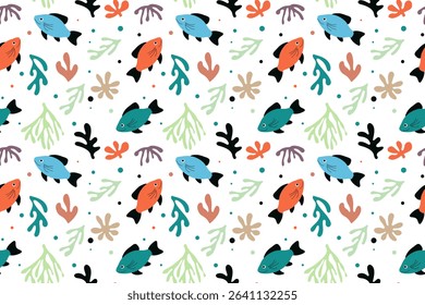 Seamless marine pattern. Colorful fish and corals on a white background. Flat style. Vector illustration
