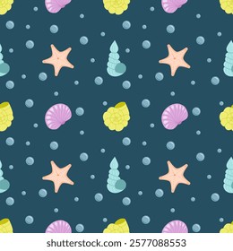 Seamless marine pattern with colorful seashells, starfish, and bubbles on a dark background. Ideal for textiles, wrapping paper, or summer-themed designs.