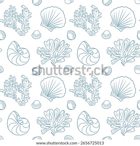 Seamless marine pattern with coral, seashells and nautilus elements in delicate hand drawn style. Represents the concept of ocean life, nature-inspired design and coastal atmosphere