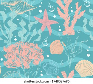 Seamless marine pattern with corals and algae
