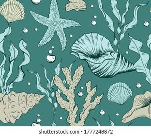 Seamless marine pattern with corals and algae