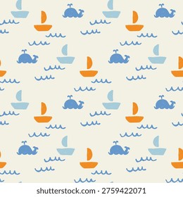 Seamless marine pattern with cute blue whales and sailboats for baby textile and nursery wallpaper design
