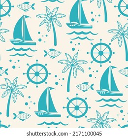 Seamless marine pattern with cute cartoon sailing boats, fish, palm trees and steering wheel. Marine vector illustration. Silhouette background. Cute design for fabric, paper, cover, interior decor.