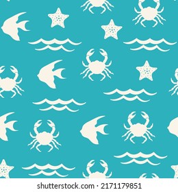 Seamless marine pattern with cute cartoon fish, waves and crab. Marine vector illustration. Silhouette background. Cute design for fabric, paper, cover, interior decor and other users.