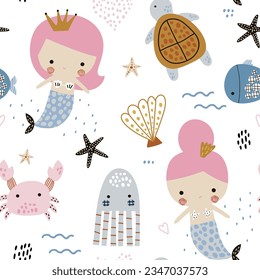 Seamless marine pattern with cute mermaids. Creative childish underwater texture. Great for fabric, textile Vector Illustration