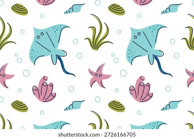 Seamless marine pattern with cute sea creatures on ocean floor, vector flat cartoon illustration. Childlike rays and starfish with eyes, corals, seaweed and shells for kids design, textiles, packaging