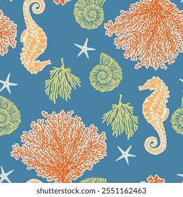 Seamless marine pattern, detailed coral, seahorse, sea shell, star fish elements, endless, all over print to use textile, fabric, clothing, background, wallpaper, home textile, clothing, fashion