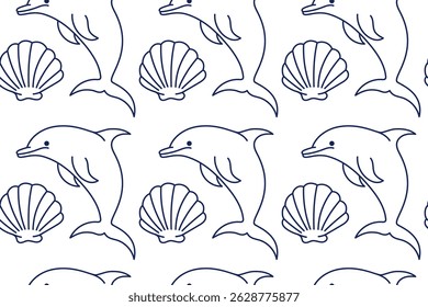 Seamless marine pattern with dolphins and seashells in blue outline style. Transparent background design perfect for summer-themed prints, fabric, wallpaper or wrapping paper.

