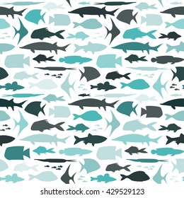 Seamless marine pattern. Endless pattern with sea fish of different shapes,sizes and shades of blue. Stock vector