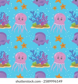 Seamless marine pattern featuring jellyfish, tropical fish, corals, and algae. Ideal for fabric, textiles, wallpaper. Vector pattern depicting marine life.