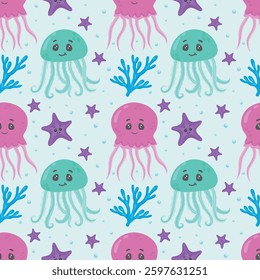 Seamless marine pattern featuring jellyfish, seahorses, starfish, corals and algae. Ideal for fabric, textiles, wallpaper. Vector pattern depicting marine life.