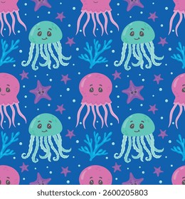 Seamless marine pattern featuring jellyfish, seahorses, starfish, corals and algae. Ideal for fabric, textiles, wallpaper. Vector pattern depicting marine life.