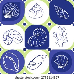 Seamless marine pattern featuring seashells, nautilus shells, coral and ocean elements on a geometric coastal background for textile wallpaper wrapping paper packaging and nautical designs. Vector