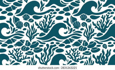 Seamless marine pattern featuring stylized ocean waves, sea shells, corals, seaweed, and pebbles in a two-tone blue and white vector style.