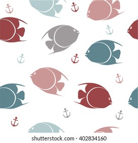 Seamless marine pattern with fish and anchors