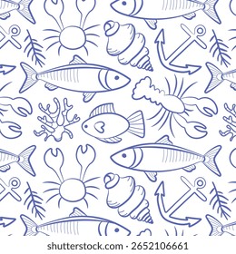Seamless marine pattern with fish, crabs, jellyfish, shells and anchors in blue outline style. Ideal for underwater, sea life or beach-themed design.