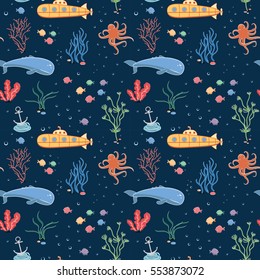 Seamless marine pattern with fish, octopus, submarine, anchor and seaweed on dark bakground.