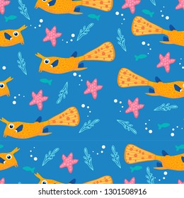 seamless marine pattern, fish, seaweed flat vector style