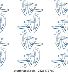 Seamless marine pattern with fish and seaweed forming vertical stripes in hand drawn doodle style with playful summer mood