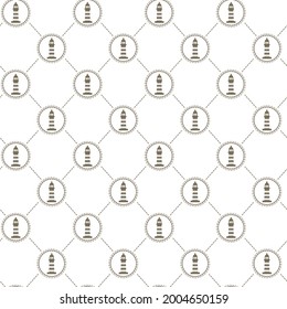 Seamless marine pattern in gold color. Lighthouse on a white background.