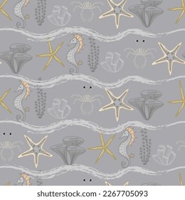 Seamless marine pattern in grey. Sea horse and shells in monochrome. Ocean and underwater life seamless
