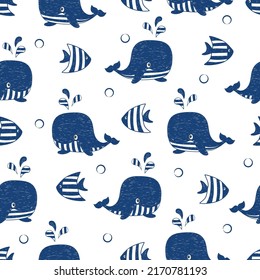 Seamless marine pattern with hand drawn whales and fish. Sea life vector illustration