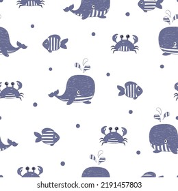 Seamless marine pattern with hand drawn whales, crabs and fish. Sea life vector illustration