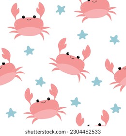 Seamless marine pattern with hand drawn crab. Sea life vector illustration. Vector colorful childish seamless repeat simple flat pattern with crab and starfish on white background.